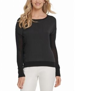 DKNY Women's Blouse Black Size Medium M Satin-Front Long-Sleeve Solid